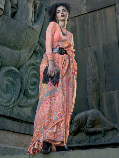 Beautiful Peach Weaving Organza Traditional Saree With Blouse